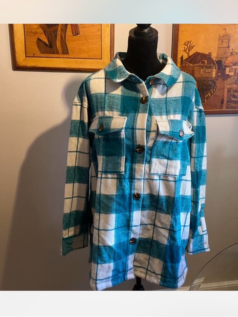 Serra Teal and White Plaid Button-Up Shirt Jacket